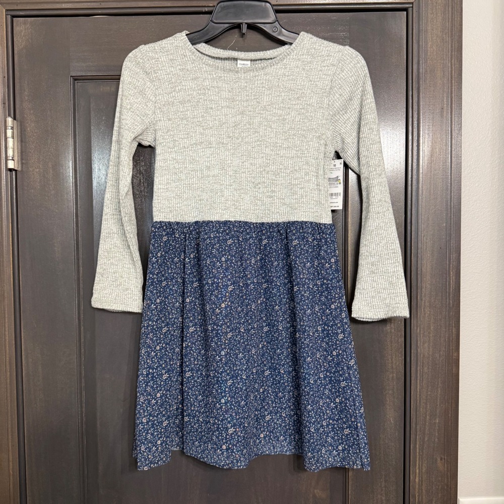 OshKosh B'gosh Girls Size 10 Mixed Media Ribbed Floral Long Sleeve Dress NWT